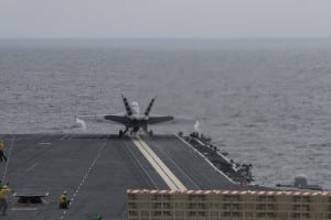 An F/A-18F Super Hornet assigned to Air Test and Evaluation Squadron (VX) 23 launches from the flight deck of USS Gerald R. Ford (CVN 78) for the first time using the EMALS launcher following a first arrested landing using the AAG. (Photo: U.S. Navy by Mass Communication Specialist 3rd Class Cathrine Campbell)
