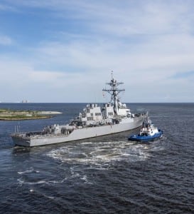 The USS Ramage (DDG-61) sails away from Ingalls Shipbuilding after finishing a nine-month overhaul and modernization period in 2017. (Photo: HII)