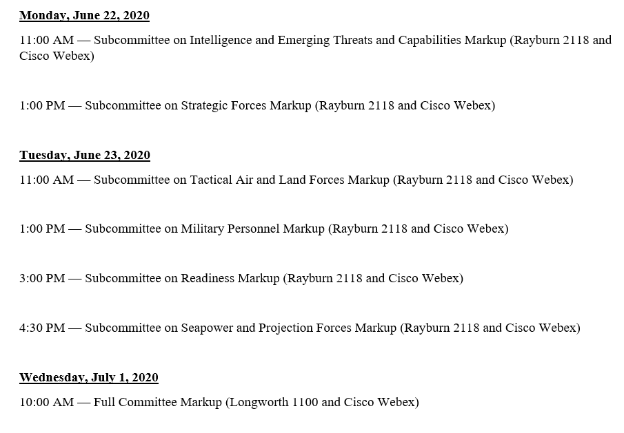 HASC Releases FY '21 NDAA Markup Schedule Defense Daily