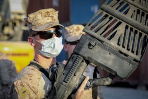 A U.S. Marine assigned to Special Purpose Marine-Air Ground Task Force - Crisis Response - Central Command, operates a Battelle Drone Defender V2 during counter unmanned aircraft systems (C-UAS) training at the Baghdad Embassy Compound in Iraq, Oct. 9, 2020. (U.S. Marine Corps photo by Gunnery Sgt. Artur Shvartsberg)