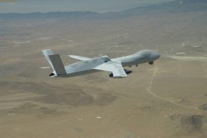 A General Atomics MQ-20 Avenger drone returns to El Mirage Airfield, Calif. on June 24 after a flight test of the Skyborg Autonomy Core System during Orange Flag 21-2 at Edwards AFB, Calif. (General Atomics Photo)