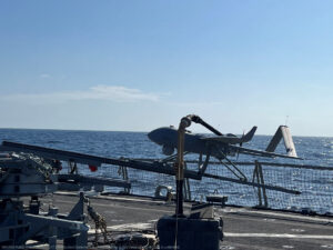 An Aerosonde small unmanned aircraft system (UAS) operating off of a U.S. Navy vessel. (Photo: Naval Air Systems Command)