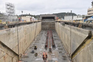 The dry dock at Trident Refit Facility Bangor (TRFB) in October 2022, used to conduct hull maintenance on ballistic missile submarines and other work requiring a submarine to be out of the water. (Photo: U.S. Navy by Michael Hatfield)