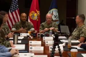 Adm. Daryl Caudle, commander, U.S. Fleet Forces Command, and Lt. Gen. Brian Cavanaugh, commander, Marine Forces Command announce the upcoming Large Scale Exercise (LSE) 2023 during a media event held at U.S. Fleet Forces Command on July 24, 2023. (Photo: U.S. Navy by Chief Mass Communication Specialist Lauren Howes)