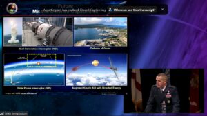 Air Force Maj Gen. Heath Collins, Program Executive for Ground Based Missile Defense at the Missile Defense Agency, outlines future missile defense capabilities for the agency at the August 2023 Space and Missile Defense Symposium. Collins is also the Biden administration’s appointee to lead MDA but has not yet been confirmed. (Image: Screenshot of the symposium virtual view, by Richard Abott, Defense Daily)