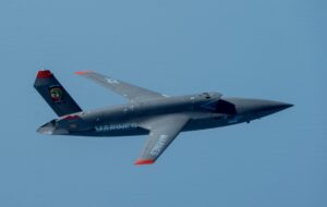 A U.S. Marine Corps XQ-58A Valkyrie autonomous, low-cost tactical unmanned air vehicle during its first test flight at Eglin Air Force Base, Fla. on Oct. 3, 2023. (Photo: Defense Department by Air Force Master Sgt. Tristan McIntire)