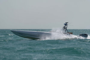 A MARTAC T-38 Devil Ray unmanned surface vehicle, equipped with a Lethal Miniature Aerial Missile System, operates in the Arabian Gulf, Oct. 26, 2023 during U.S. Naval Forces Central Command Exercise Digital Talon. (Photo: U.S. Navy by Mass Communication Specialist 2nd Class Jacob Vernier)