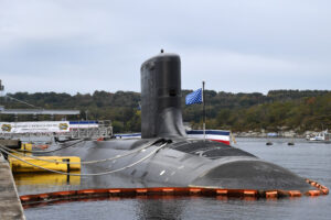 Virginia-class submarine USS Hyman G. Rickover (SSN 795) is moored pierside during a commissioning ceremony at Naval Submarine Base New London in Groton, Conn, on October 14, 2023 (U.S. Navy Photo)