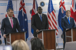 Secretary of Defense Lloyd J. Austin III, British Defense Secretary Grant Shapps, right, and Australian Deputy Prime Minister and Defense Minister Richard Marles update reporters on the Australia-United Kingdom-United States AUKUS security partnership during a briefing from Mountain View, Calif., Dec. 1, 2023. (Photo: DoD by Chad J. McNeeley)