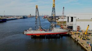 The U.S. Navy’s newest Overlord Unmanned Surface Vessel, Vanguard (OUSV3), launched from Austal USA’s shipyard in Mobile, Ala. on Dec. 13, 2023. (Photo: Austal USA)