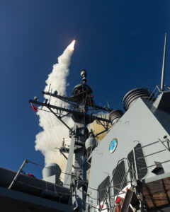 A Standard Missile-3 Block IIA is launched from Arleigh Burke-class guided missile destroyer USS McCampbell (DDG-85) off the coast of the Pacific Missile Range Facility, Hawaii, during Flight Test Other-23 (FTX-23) on February 8, 2024. It goes on to intercept a Medium Range Ballistic Missile target. (Photo: Missile Defense Agency)