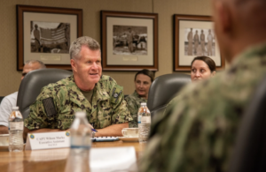 Adm. Samuel Paparo, commander, U.S. Pacific Fleet, meets with local military leaders on Guam at Joint Region Marianas headquarters in Asan, Dec. 5. 2022. (U.S. Navy photo by Shaina O’Neal)