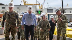 Chief of Naval Operations Adm. Lisa Franchetti and Assistant Commandant of the Marine Corps Gen. Christopher Mahoney and Sen. Roger Wicker (R-Miss) visited HII’s Ingalls Shipbuilding division on March 4, 2024. (Photo: HII)