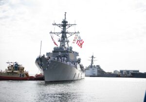 USS Carney prepares to moor pierside during a homecoming event on May 19, 2024 at Naval Station Mayport after a deployment in support of maritime security operations and theater security cooperation efforts in the U.S. 5th and 6th Fleet areas of operation. (Photo: U.S. Navy by Mass Communication Specialist 2nd Class Sophie A. Pinkham)