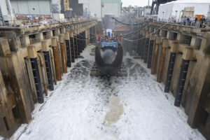 One of the U.S. Navy’s newest attack submarine, the future USS Idaho (SSN 799), launched from General Dynamics Electric Boat’s shipyard into the Thames River, Aug. 6, 2024. (Photo: U.S. Navy)