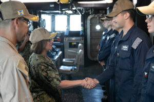 Chief of Naval Operations Adm. Lisa Franchetti recognizes Sailors aboard the Arleigh Burke- class guided-missile destroyer USS Mason (DDG-87) in Mayport, Florida on Aug. 1, 2024 after it returned from a 263-day deployment in the Red Sea, Gulf of Aden, and Mediterranean Sea, supporting freedom of navigation and the free flow of commerce as part of the Dwight D. Eisenhower Carrier Strike Group. (Photo: U.S. Navy by Senior Chief Mass Communication Specialist Elliott Fabrizio)