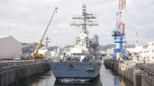 U.S. Naval Ship Repair Facility and Japan Regional Maintenance Center (SRF-JRMC) prepares to undock the Arleigh Burke-class destroyer USS Benfold (DDG-65) from Dry Dock 4 on board Commander Fleet Activities Yokosuka (CFAY) on Feb. 18, 2024. The facility provides intermediate-level and depot level repair for the ships of the U.S. Navy and the U.S. Seventh Fleet. (Photo: U.S. Navy by Erin Jazmine Reyes)