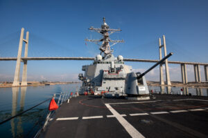 The Arleigh Burke-class guided-missile destroyer USS Laboon (DDG 58) transits the Suez Canal on Dec. 18, 2024 while deployed to the U.S. 5th Fleet area of operations to help ensure maritime security and stability in the Middle East region. (Photo: U.S. Navy by Mass Communication Specialist 2nd Class Elexia Morelos)