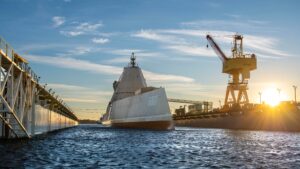 HII’s Ingalls Shipbuilding undocked the USS Zumwalt (DDG-1000) on Dec. 6 at the tail end of a maintenance and modernization period where the company is replacing the unused Advanced Gun Systems with four 87-inch large missile vertical launch systems to field the Conventional Prompt Strike hypersonic missile. (Photo: HII)